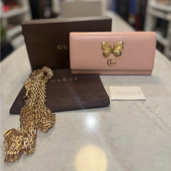 Gucci GG Marmont Gold Butterfly w/crystals wallet Pink (Rare) Like New box dust - Picture 3 of 15